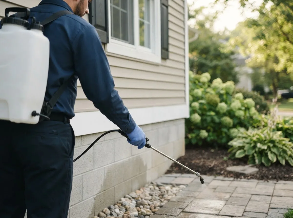 Pest control technician inspecting a home in Ames, NE
